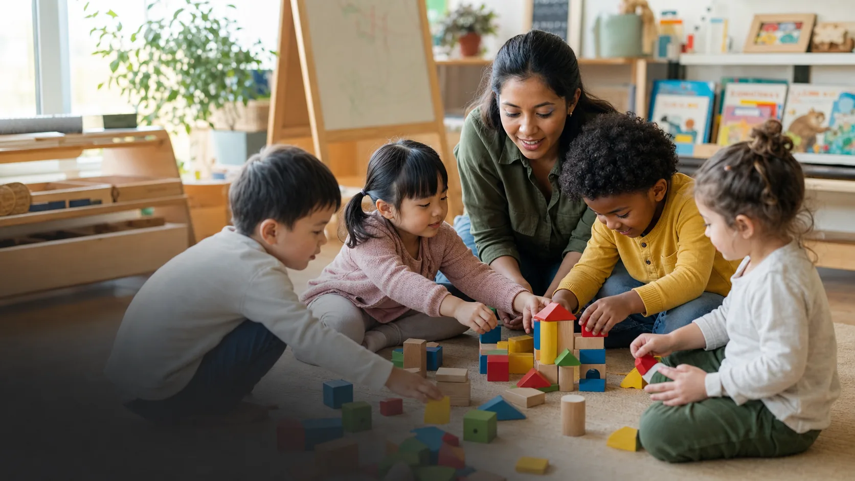 Early Years children building with wooden blocks during guided play