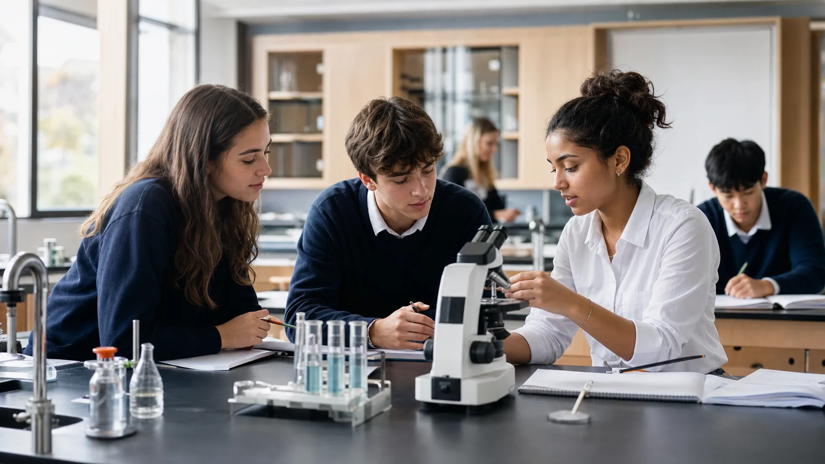 Secondary School students collaborating on an advanced science experiment