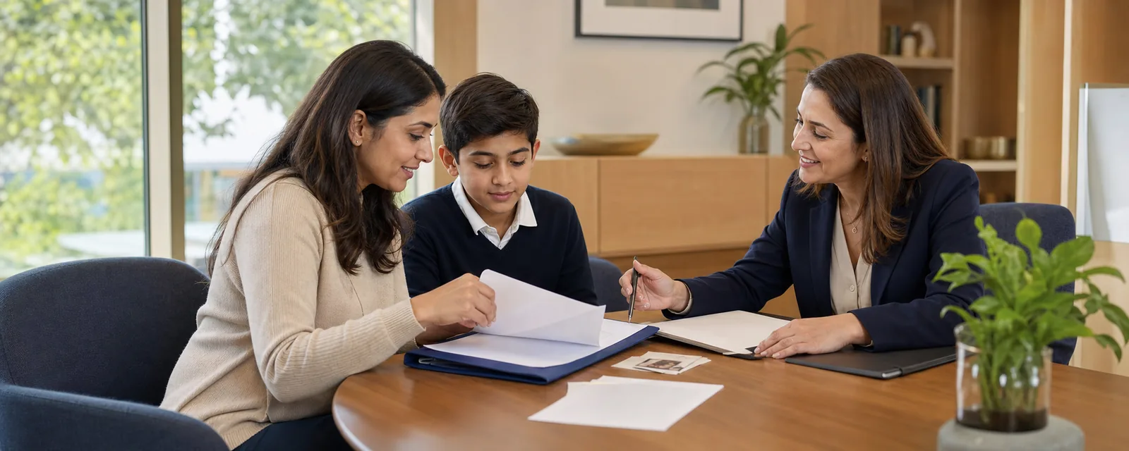 A parent and child preparing their school application