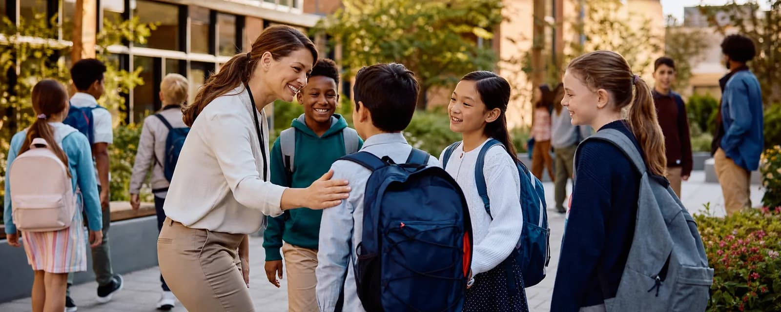 A new student being welcomed by a teacher and classmates