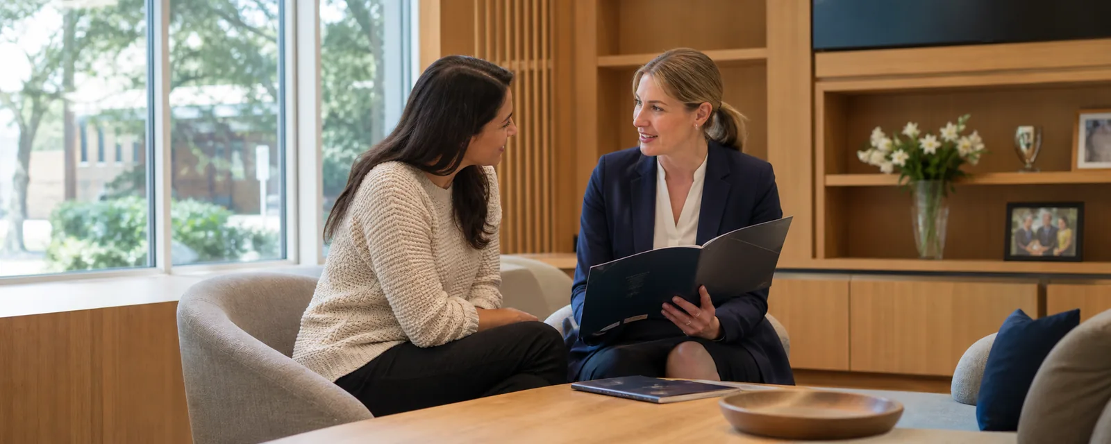 A parent speaking with a school admissions officer