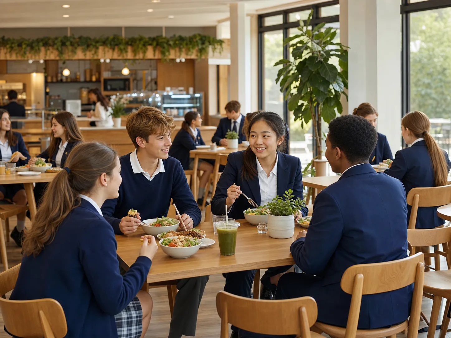 Students sharing a healthy meal in the campus café