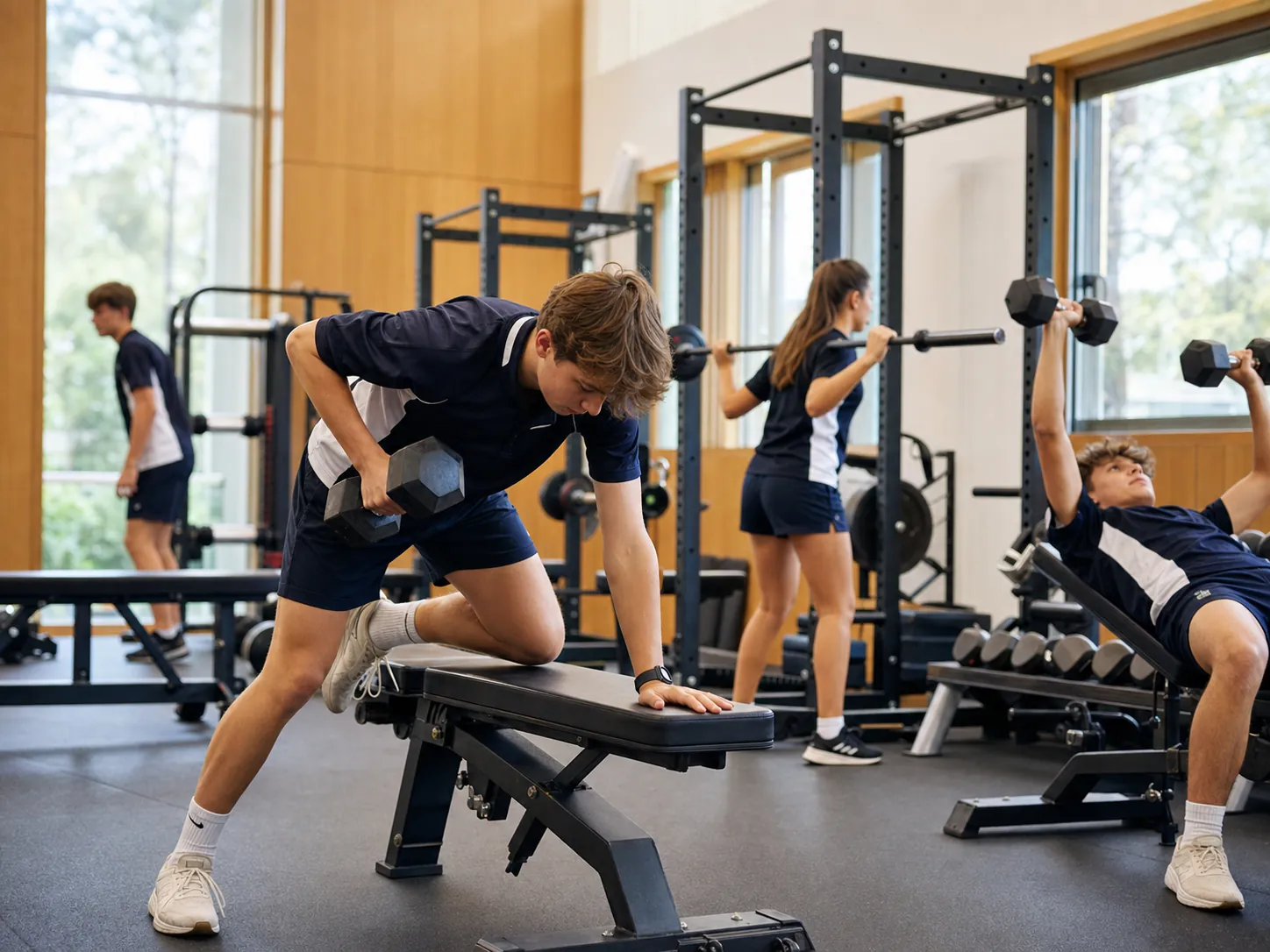 Secondary students training in the campus fitness gym