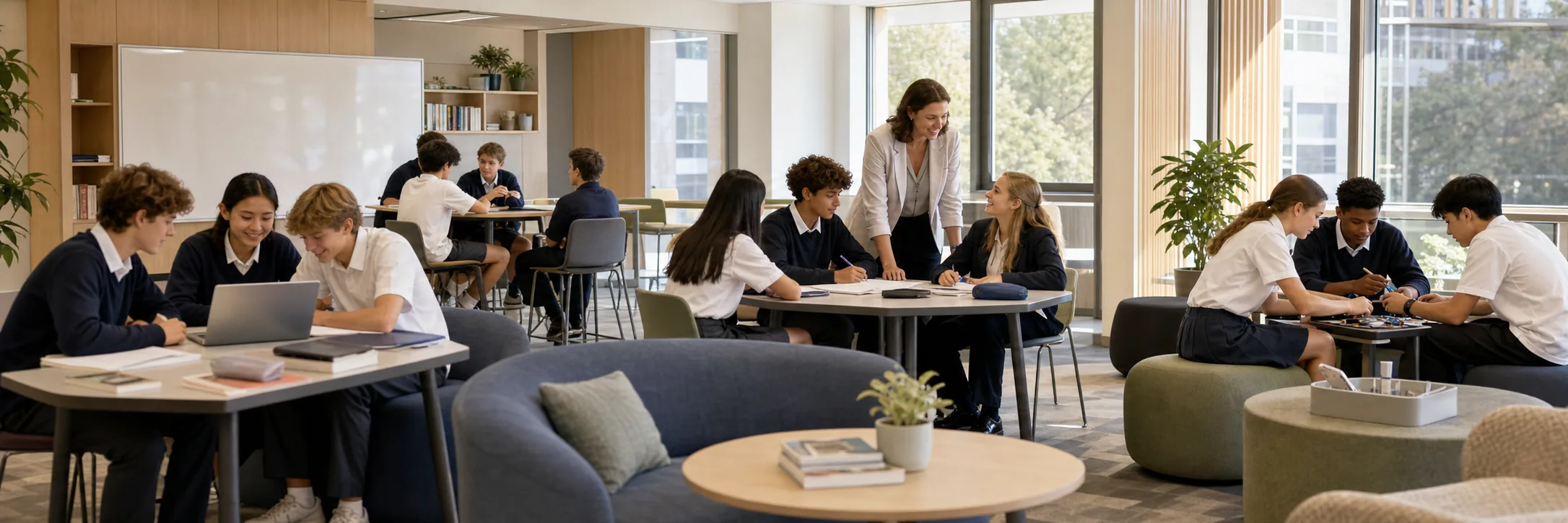 Students collaborating with a teacher in a flexible learning studio