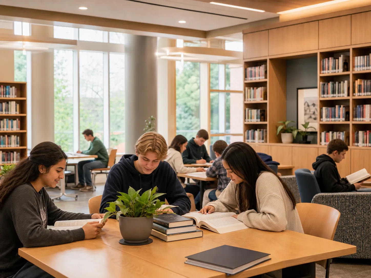 Students reading and studying together in the campus library