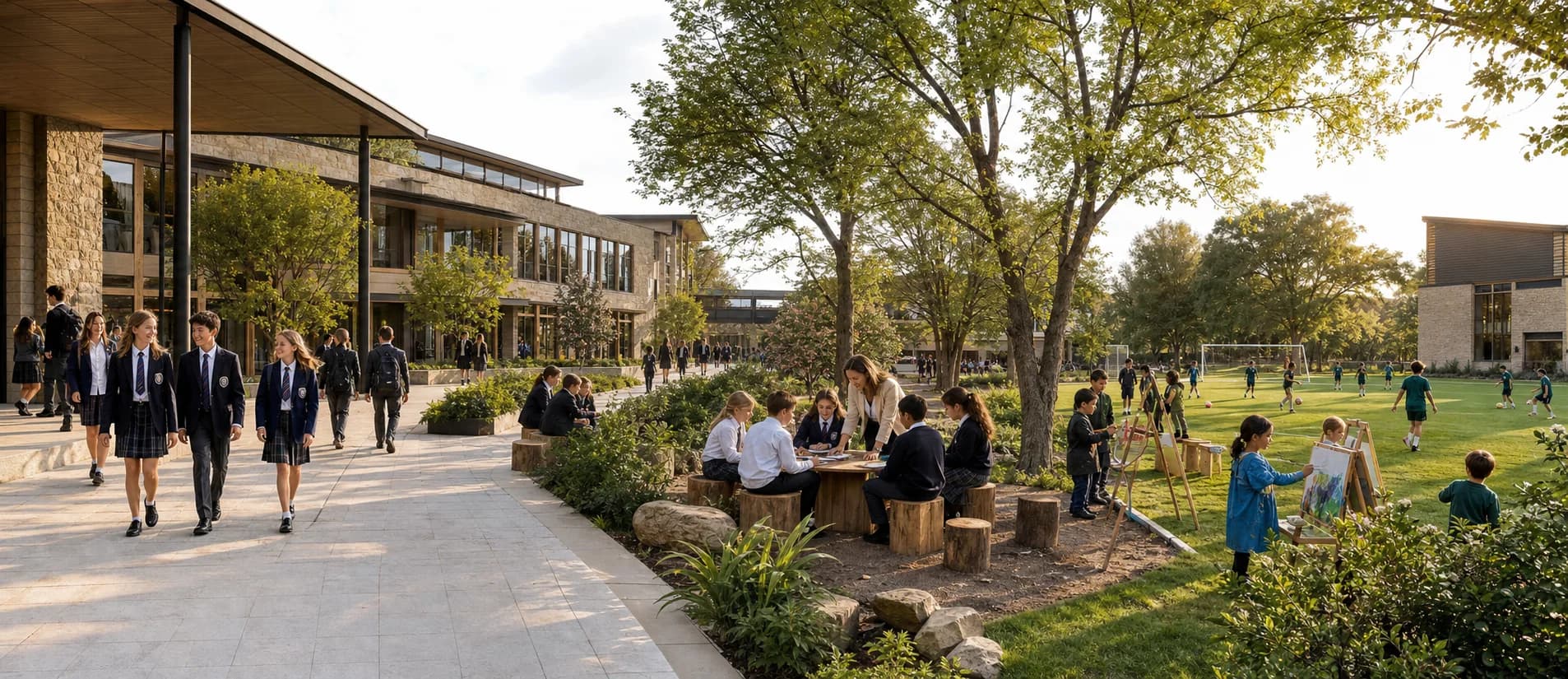 A panoramic journey across the school campus, from academic buildings and outdoor learning to art and sport activities