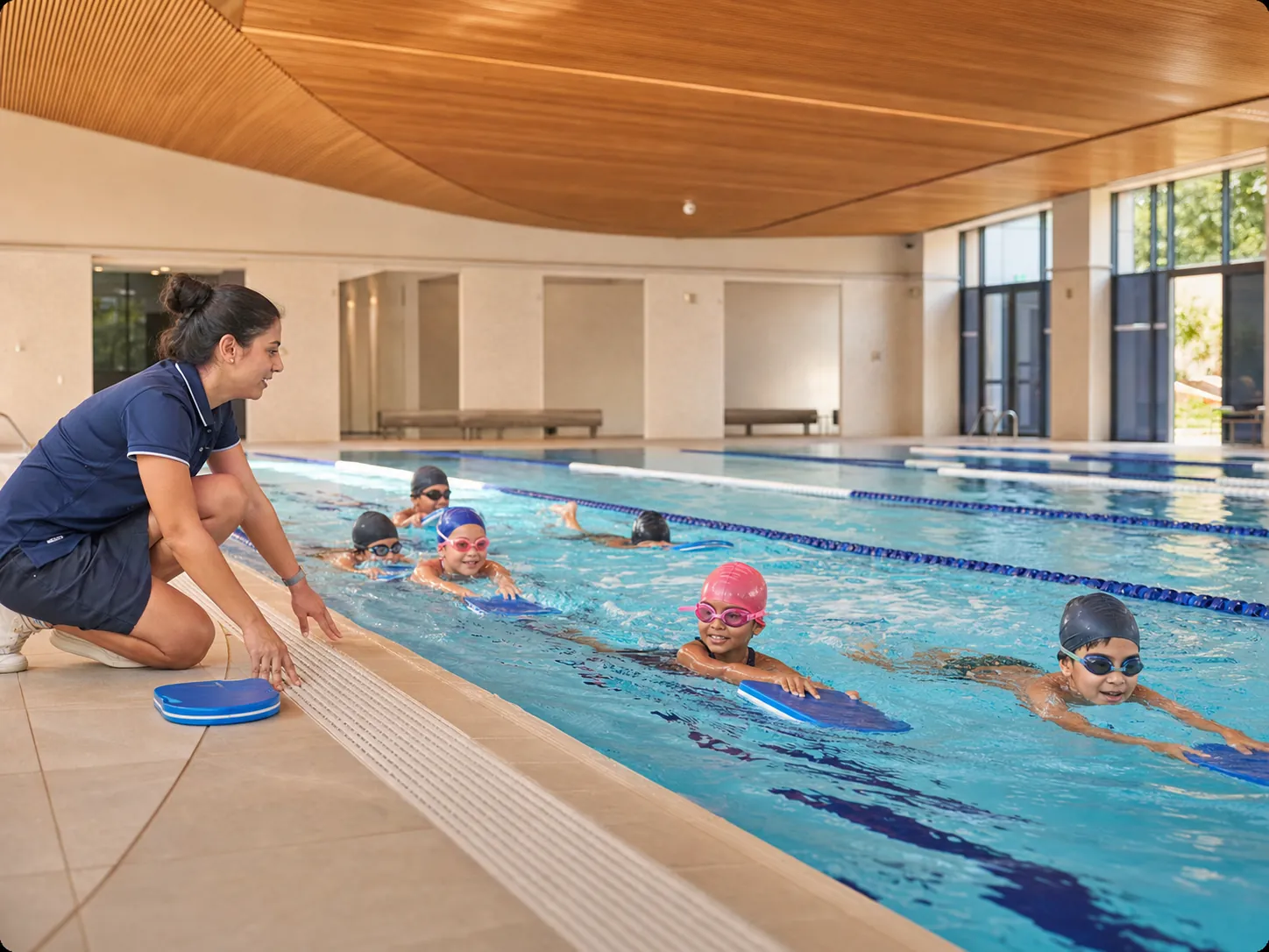 Children taking part in a supervised lesson in the campus swimming pool