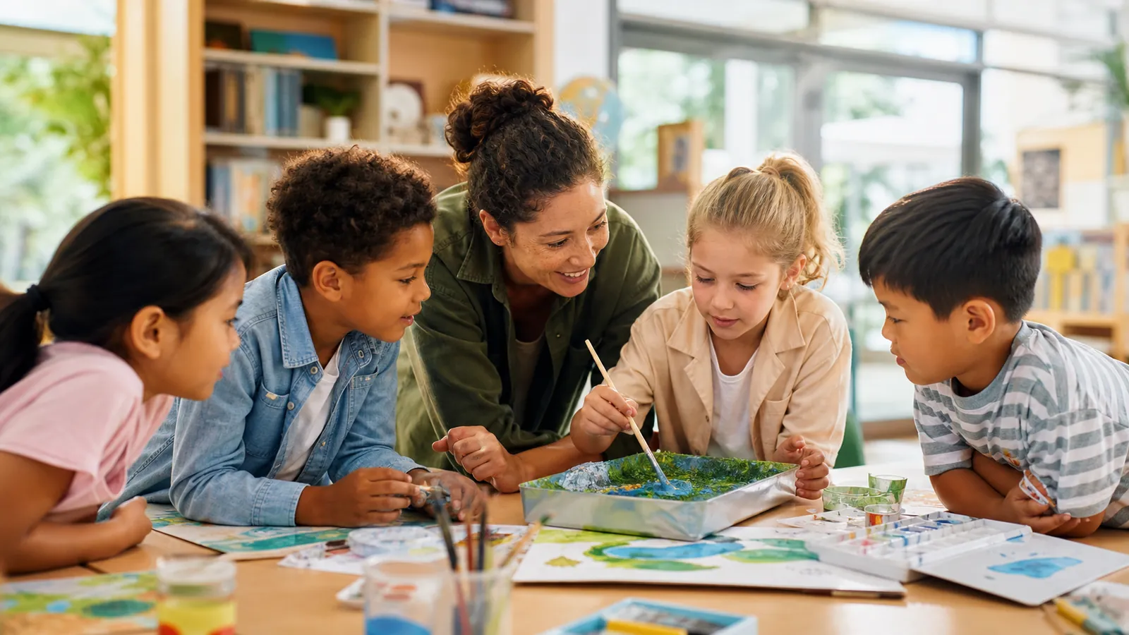 Primary school students learning together with their teacher